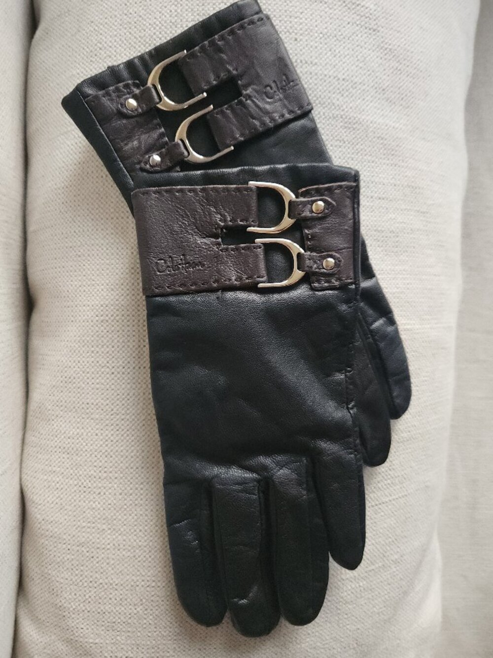 Cole Haan Black & Brown Leather Gloves - Sz L (run small)